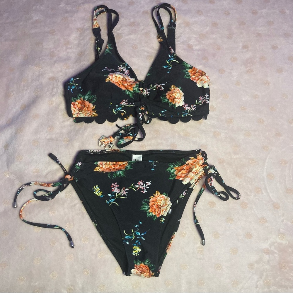 Black Floral Bikini Set with Adjustable Ties